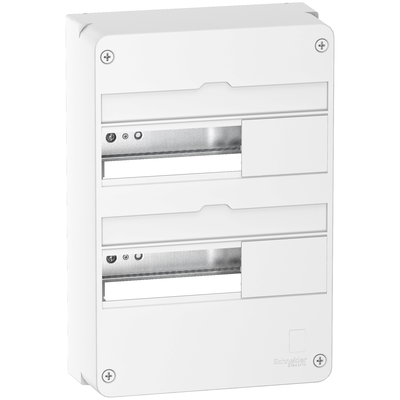 Resi9 - coffret en saillie - 2 ranges de 13 modules - In 90 A - Collecteur de terre 24 trous | Borniers Phase 7 trous + Neutre 7 trous - IP30 sans porte - IP40 avec porte - IK08 - H x L x P (mm) 375 x 252 x 108 - Blanc RAL 9003