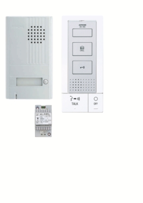 Kit portier audio 2 fils mains-libres avec platine alu. saillie et transfo.