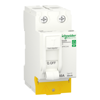 Resi9 XP - Interrupteur diffrentiel peignable - type AC - 40A  30C selon EN/CEI 61008 - 1P + N - 30mA selon EN/CEI 61008 - Diffrentiel instantan - Ue : 230 V CA 50 Hz - CE - NF - Largeur : 4 pas de 9 mm - blanc RAL 9003 - IP20