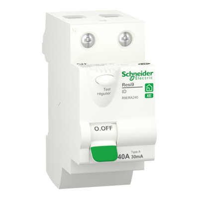 Resi9 XE - Interrupteur diffrentiel embrochable - type A - 40A  30C selon EN/CEI 61008 - 1P + N - 30mA selon EN/CEI 61008 - Diffrentiel instantan - Ue : 230 V CA 50 Hz - CE - NF - Largeur : 4 pas de 9 mm - blanc RAL 9003 - IP20