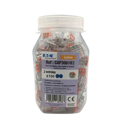 Borne  levier 2 entres EATON pour fils souples et rigides 0,2  4mm2 24A-450V